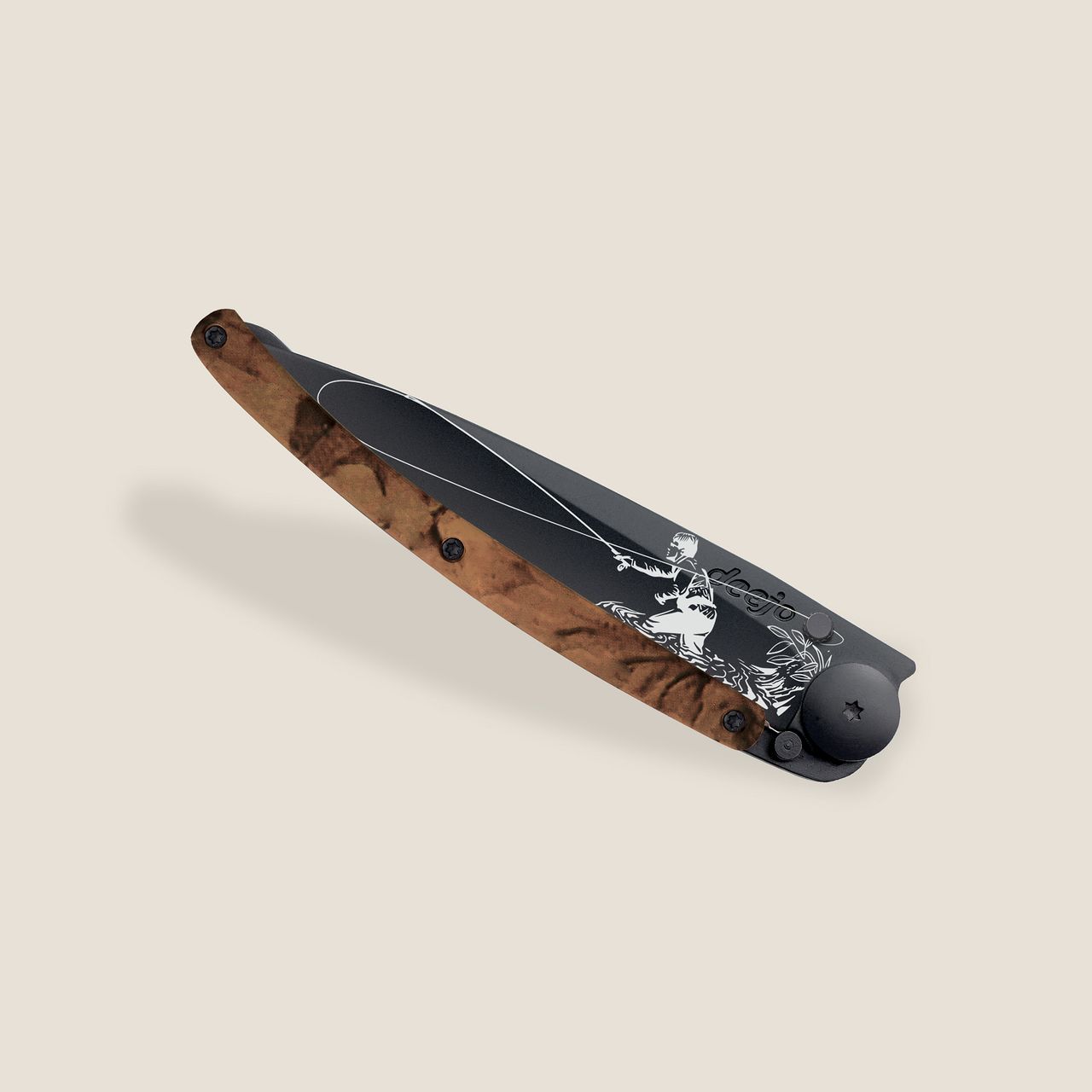knife.bg-Ултралек джобен нож Deejo Serrated 37g Brown Camo Fly Fishing - назъбено острие, камуфлаж и графика за риболов-2 джобен нож Deejo - назъбено острие за риболов