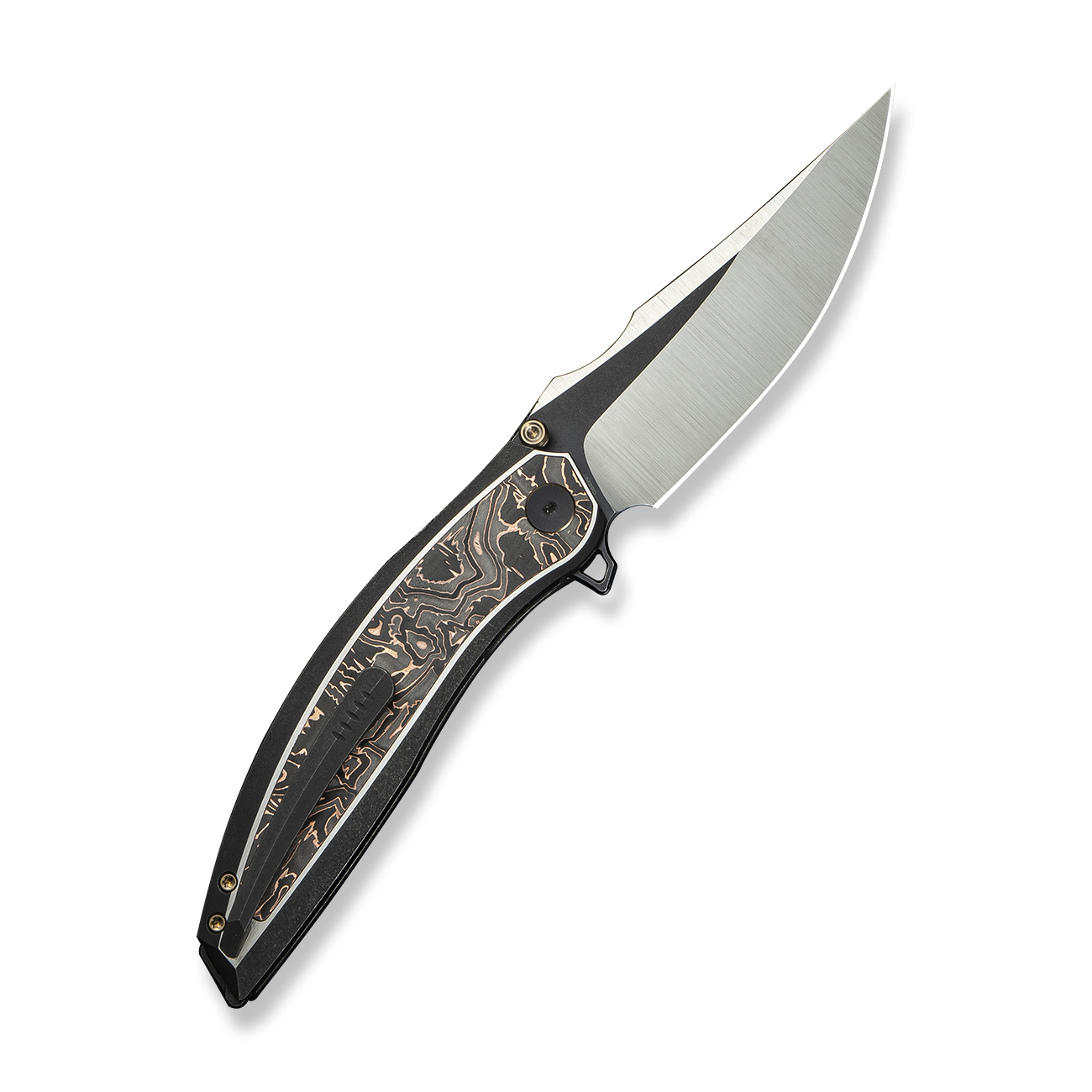 Джобен нож WE Knife Quinseris с карбонова дръжка в черни и медни тонове и Bohler M390 стомана Джобен нож WE Knife Quinseris с карбонова дръжка в черни и медни тонове и Bohler M390 стомана