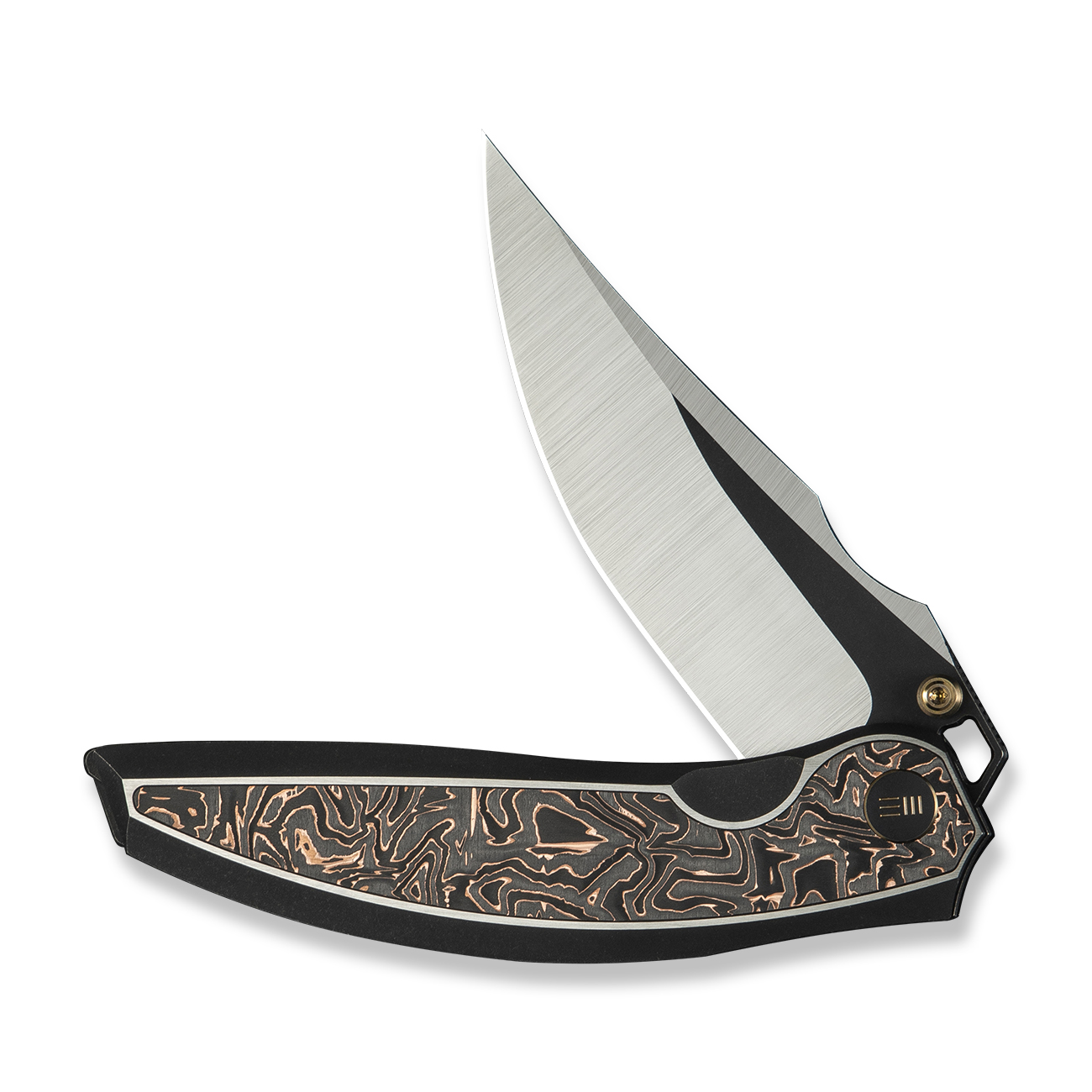 Джобен нож WE Knife Quinseris с карбонова дръжка в черни и медни тонове и Bohler M390 стомана Джобен нож WE Knife Quinseris с карбонова дръжка в черни и медни тонове и Bohler M390 стомана