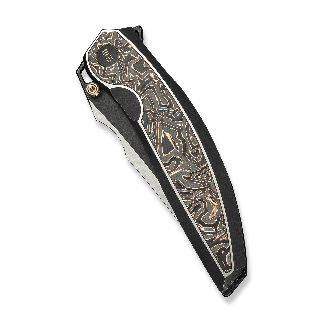 Джобен нож WE Knife Quinseris с карбонова дръжка в черни и медни тонове и Bohler M390 стомана Джобен нож WE Knife Quinseris с карбонова дръжка в черни и медни тонове и Bohler M390 стомана