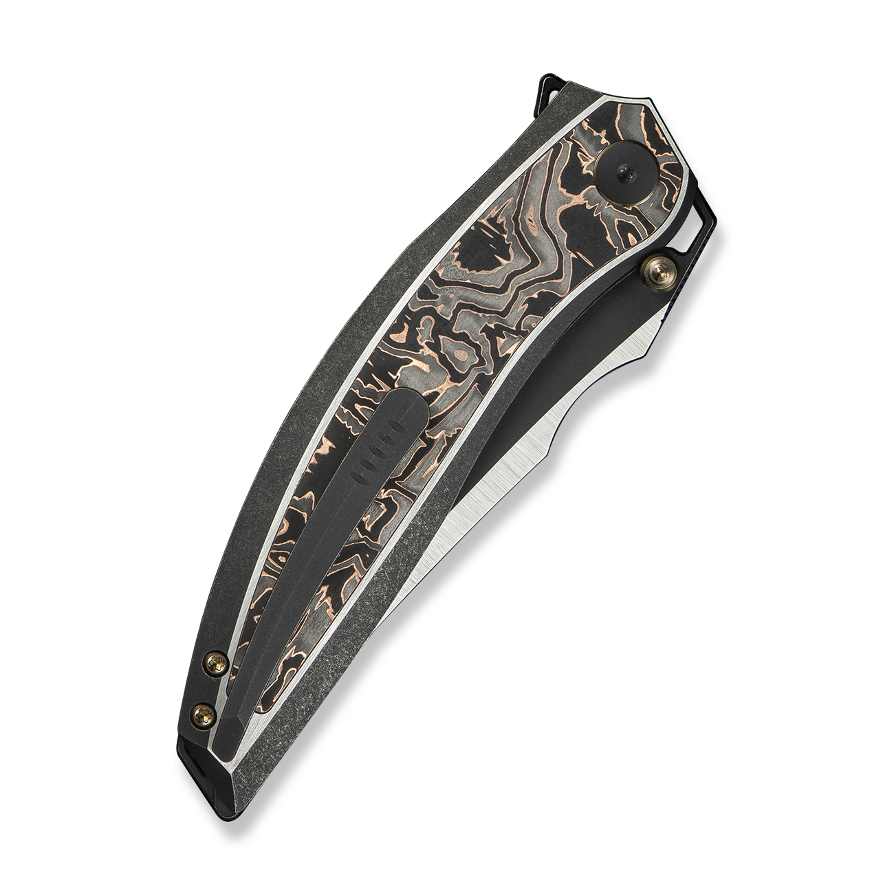 Джобен нож WE Knife Quinseris с карбонова дръжка в черни и медни тонове и Bohler M390 стомана Джобен нож WE Knife Quinseris с карбонова дръжка в черни и медни тонове и Bohler M390 стомана