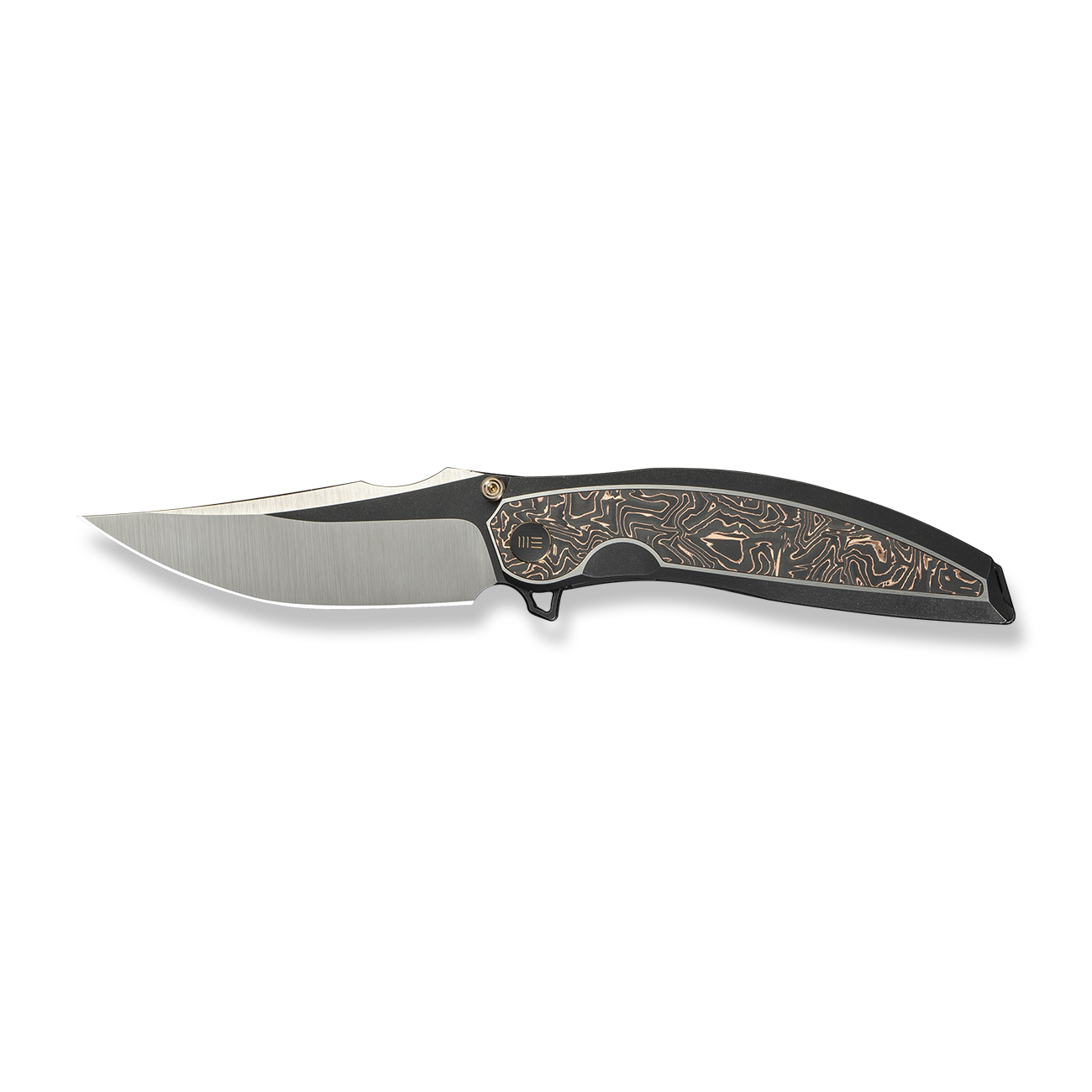 Джобен нож WE Knife Quinseris с карбонова дръжка в черни и медни тонове и Bohler M390 стомана Джобен нож WE Knife Quinseris с карбонова дръжка в черни и медни тонове и Bohler M390 стомана