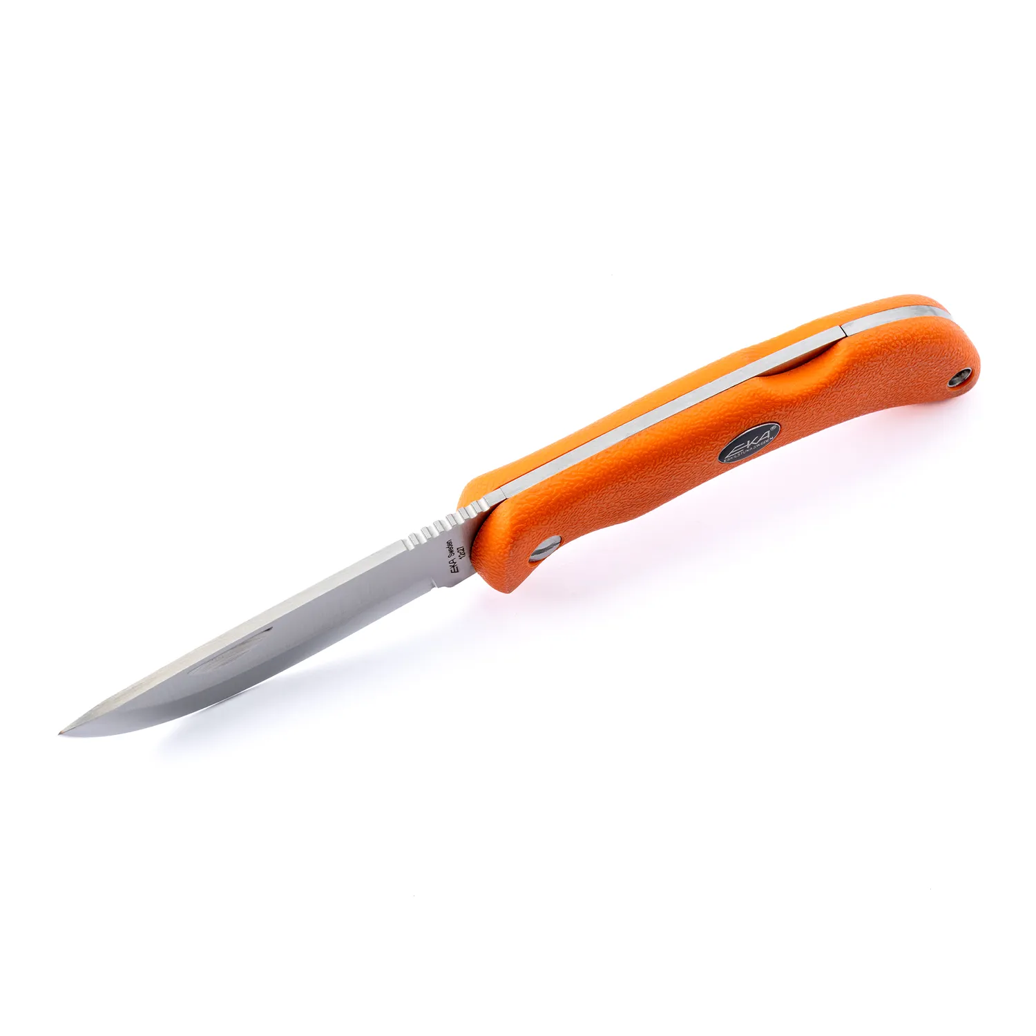 knife.bg-Шведски ловен сгъваем нож Eka Swede 10 с оранжева дръжка и кожен калъф 6 ловен сгъваем нож Eka Swede 10